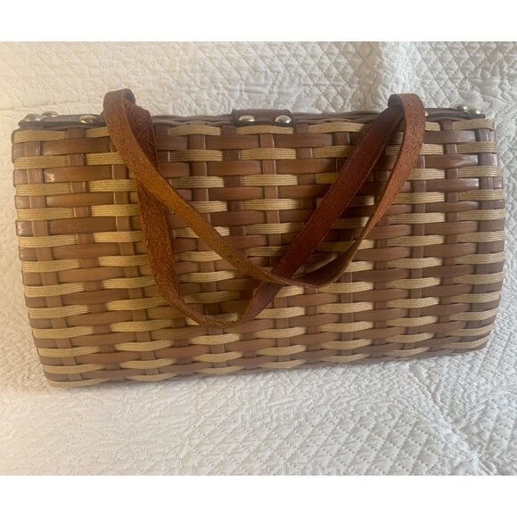 Wicker and Leather Basket Weave Purse Handbag Woven Vintage Hong Kong - Picture 3 of 15